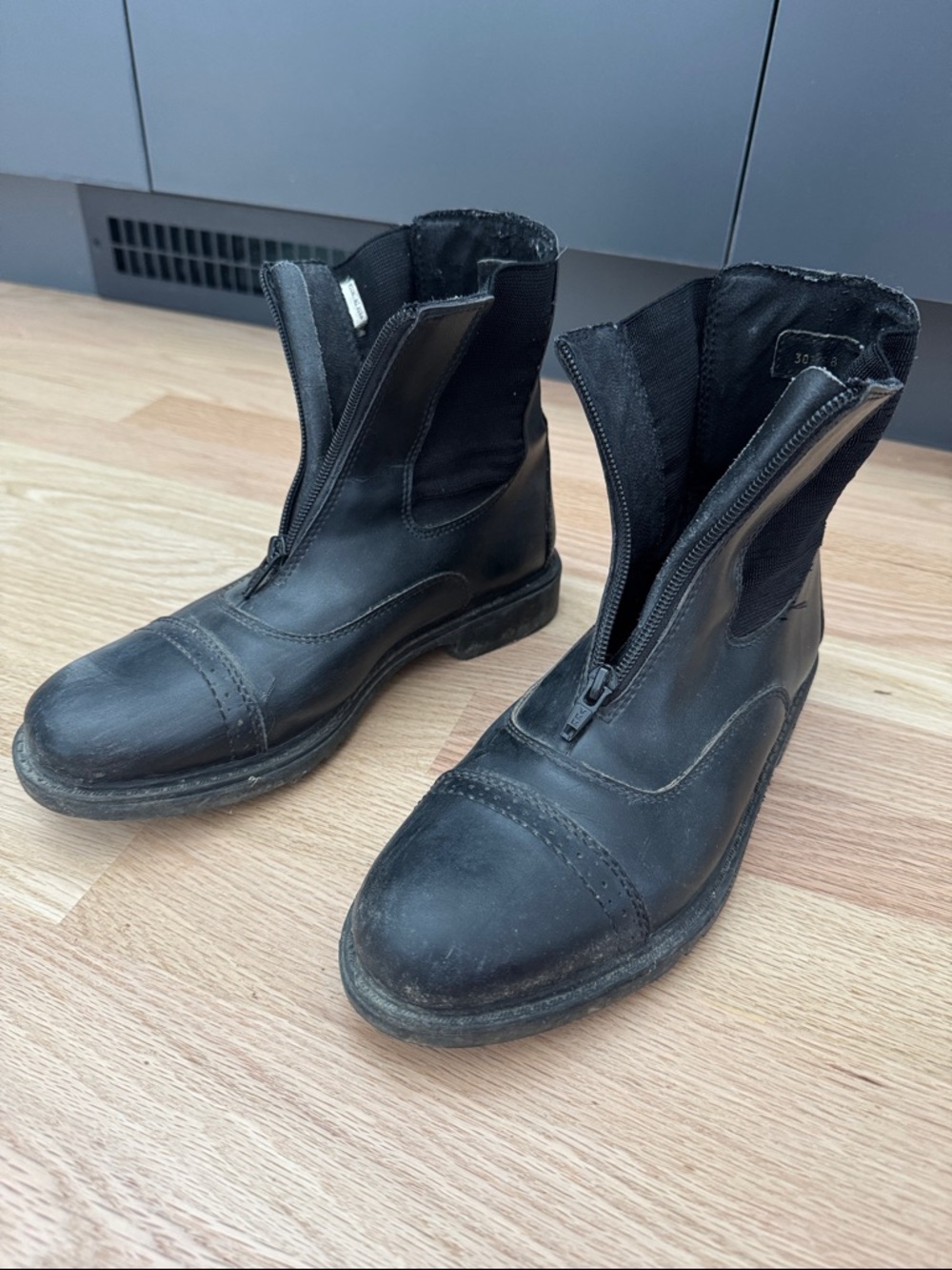 Riding Boots - Front-Zip Black Leather Ankle Booties